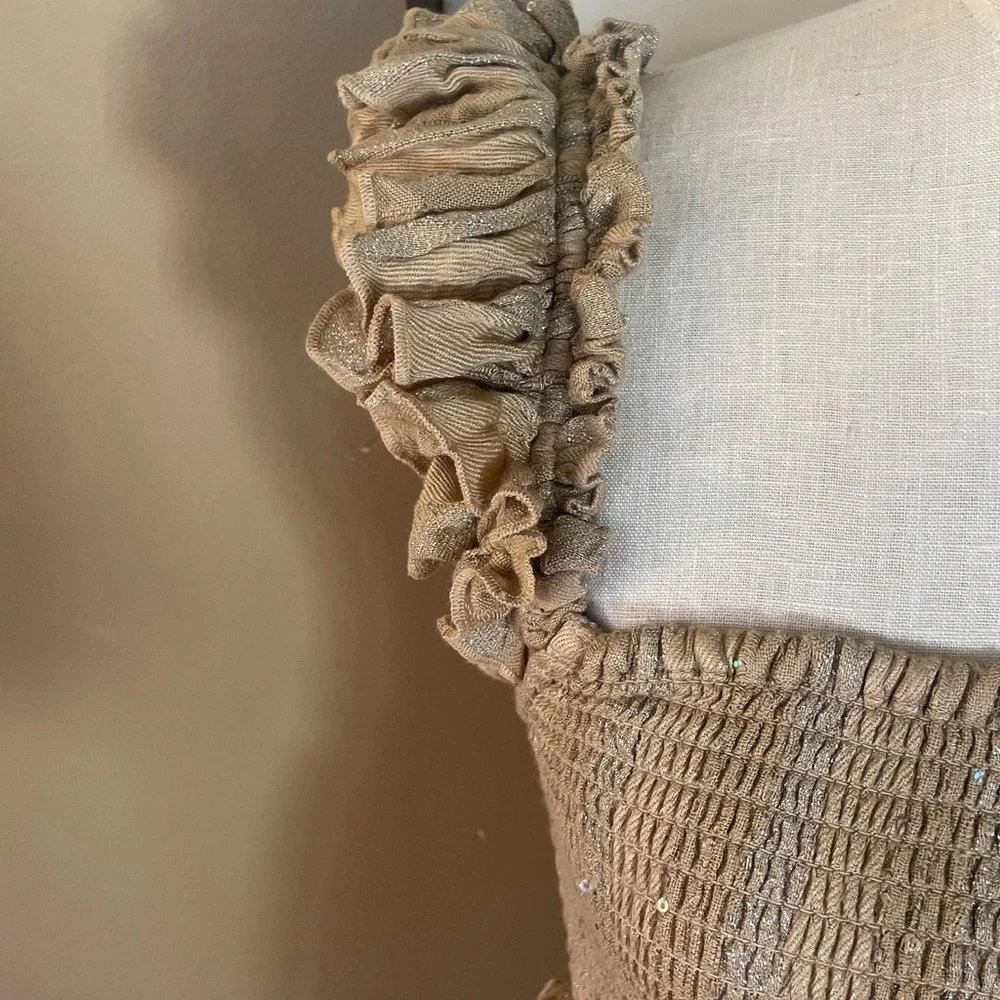 PQ Carrie dress sequence Ruffled Tan Smocked Dress NWT size XS/S anthropology